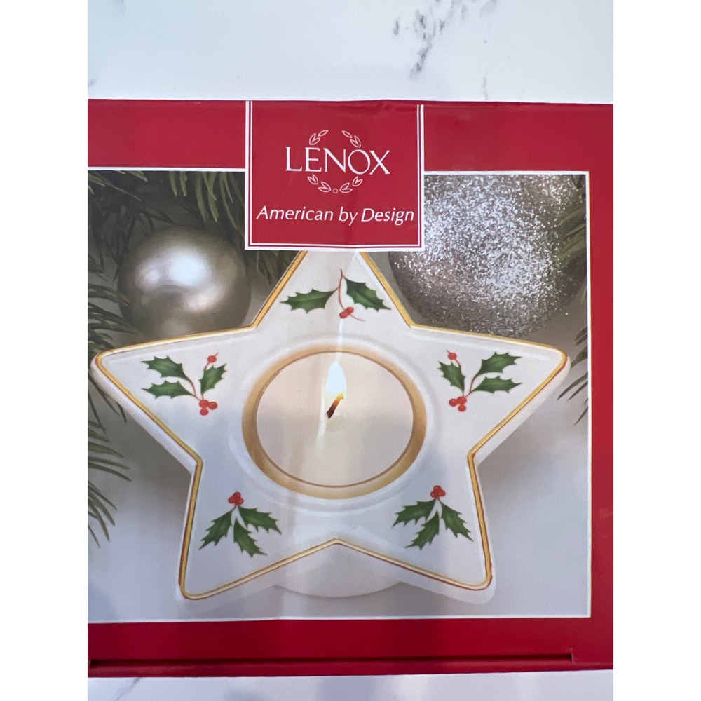 Lenox Holiday Star Votive Porcelain Candle Holder Holly Berry Gold Trim - Picture 5 of 8